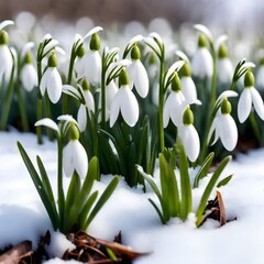 Panorama of snowdrop flowers growing in the snow at the beginning of spring