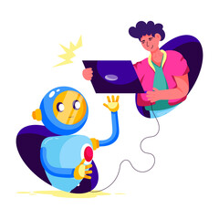 Person talking with robot assistant, flat style illustration 