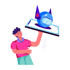 Man holding mobile with a virtual assistant robot, flat illustration 