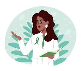 Gastroparesis Awareness Month. Female doctor in white uniform with green information ribbon.