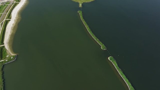 Aerial view of Tulip Island surrounded by Wolderwijd Lake, Zeewolde, Netherlands.