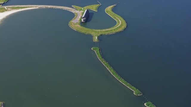 Aerial view of tulip-shaped island in Wolderwijd Lake, Zeewolde, Netherlands.