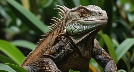 Obraz premium brown iguana eating plants with green plants behind costa rica.