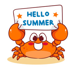 Cute Crab Hello Summer Cartoon Vector Illustration. Adorable Kawaii Animal Character Icon Mascot Concept Design. Isolated White Background.