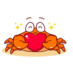 Cute Crab Holding Love Heart Cartoon Vector Illustration. Adorable Kawaii Animal Character Icon Mascot Concept Design. Isolated White Background.