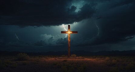 bright glowing cross in a dark barren stormy sky landscape.