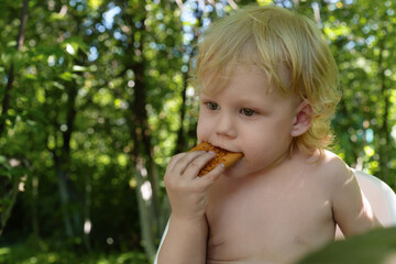 Carefree toddler with blond, curly locks reveling in the simple pleasure of eating a cookie, nestled amidst the vibrant greenery of garden trees on a radiant summer day.