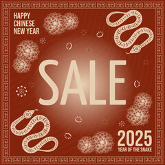 Squared sale chinese new year. Vector festive snakes with traditional ornament, lanterns and lotus for lunar chinese new year celebration. Happy new year lunar in China square card.
