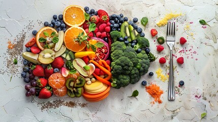 Brain Made of Colorful Vegetables an fruits . Concept of vegetarian, vegan, healthy nutrition.