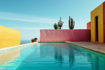 Modern Swimming Pool With Brightly Colored Walls and Cactus Plants