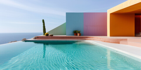 Fototapeta premium Modern Villa With Infinity Pool Overlooking the Ocean on a Sunny Day Cactus Colorful