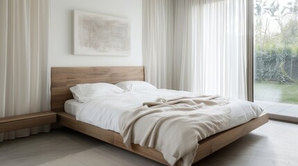 A serene bedroom with a minimalist wooden bed