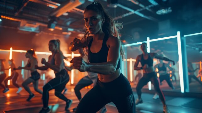 A group of people doing a HIIT workout in a modern gym, with energetic music and dynamic exercises
