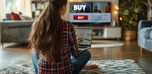 Fototapeta premium Woman Shopping Online On Laptop While Sitting On The Floor In Her Living Room