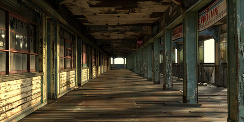 Vacant Boardwalk Empire: An abandoned seaside boardwalk, with row after row of shuttered arcades and amusement parks.