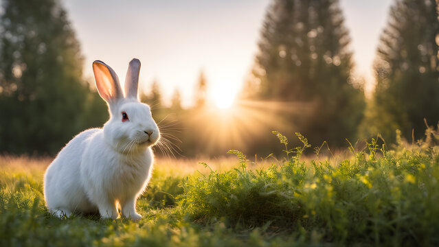 White rabbit in meadow left composed. Easter decorative scene adorned sunset trees and sparkle bokeh light on background with free space for creative design