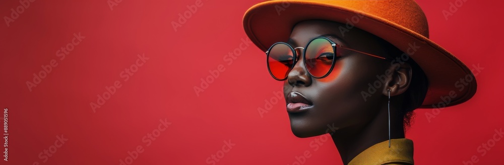 Canvas Prints Woman Wearing Sunglasses and a Hat in Front of a Red Wall