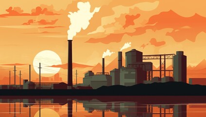 Illustration of a factory releasing smoke from its chimneys causing environmental pollution and contamination