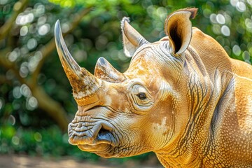 Close up of de horned White Rhino in South African park.