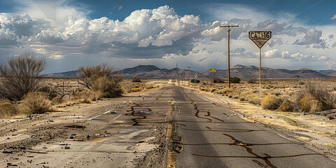Desolate Route 66: An abandoned stretch of highway, once bustling with cars and travelers, now reduced to rusting road signs and tumbleweeds.