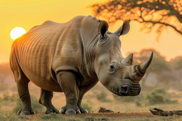 Fototapeta premium African savanna sunset with acacia tree rhino silhouette.