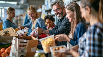A group of people distributing food at a community food bank, helping those in need with smiles and compassion