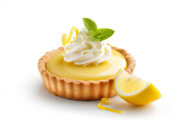 A lemon tart with a smooth, shiny lemon curd, topped with whipped cream and a sprig of mint, garnished with lemon slices and zest.
