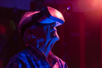 Senior man exploring virtual reality with a VR headset
