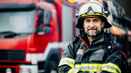 Portrait of fire fighter man with equipment standing in front of a fire truck.