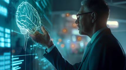 Businessman interacting with AI brain interface in futuristic technology setting