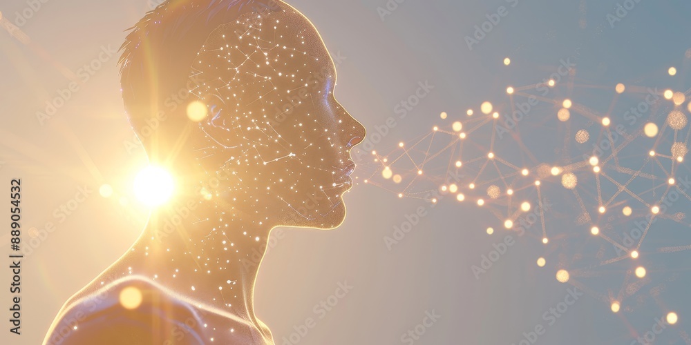 Poster Abstract digital representation of a human exhaling particles, showcasing futuristic concepts of data flow and virtual interaction