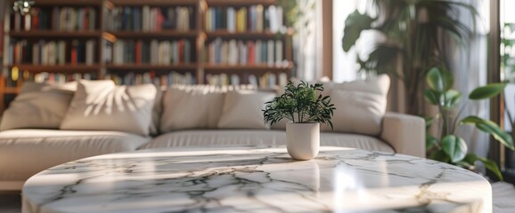 the marble coffee table in boho living room with soft cream sofa and bookshelves
