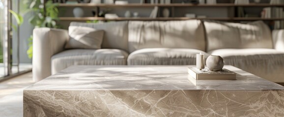 the marble coffee table in boho living room with soft cream sofa and bookshelves