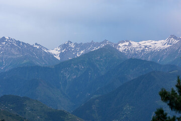Snow-covered mountain range with cloudy skies and lush green valleys below