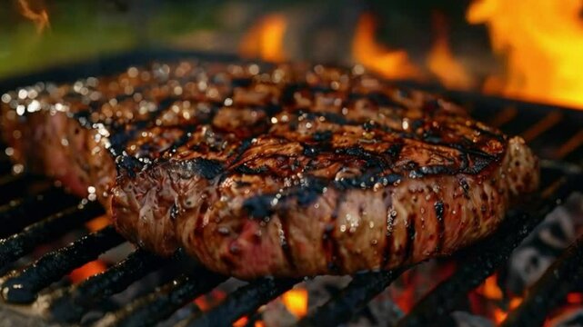 Cooked juicy steak meat beef brushed with rosemary on a flaming grill surrounded by other meat and sausages. slow motion