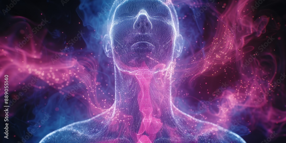 Poster Abstract digital representation of a human exhaling particles, showcasing futuristic concepts of data flow and virtual interaction