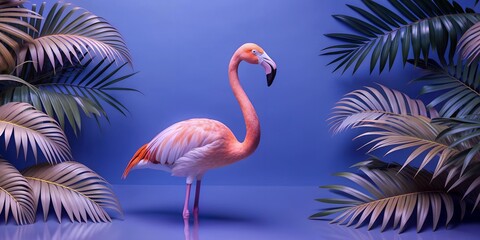 Fototapeta premium Tropical Background A flamingo stands in front of a blue background with green leaves