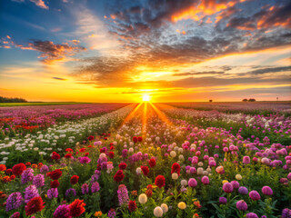 Fototapeta premium tulip field at sunset, landscape, nature, flower, meadow, summer, spring, sun, grass, poppy, cloud, green, red, blue, sunlight
