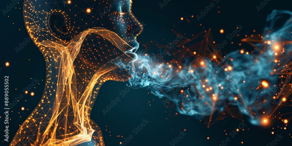 Aufkleber Abstract digital representation of a human exhaling particles, showcasing futuristic concepts of data flow and virtual interaction
