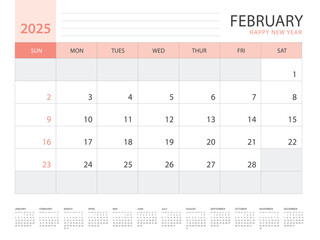 Calendar 2025 year template, February 2025 design, Planner simple, Desk calendar 2025 design, Week Starts on Sunday, Wall calendar design, printing media, advertisement, office organizer, vector