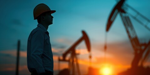 Silhouette of an oil worker against a sunset backdrop.