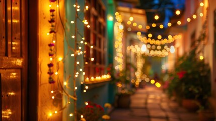 diwali hindu festive lights decoration on house entrance with bokeh effect during the evening celebration blurred background