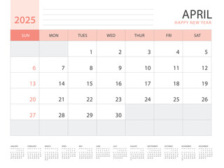 Calendar 2025 year template, April 2025 design, Planner simple, Desk calendar 2025 design, Week Starts on Sunday, Wall calendar design, printing media, advertisement, office organizer, vector