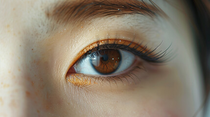 Close-up gray eye Japanese korean chinese asian woman, beauty salon treatment, 2d volume, classical lashes, brows lamination