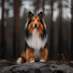 Shetland Sheepdog standing on rocks in forest, alert expression