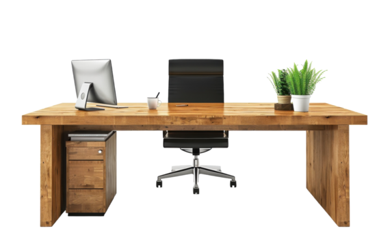 Modern Wooden Desk With Black Office Chair and Plants