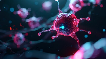 Human cell with glowing nanotechnology, 3D model, neon colors, detailed illustration, high-tech visualization