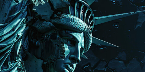 Empty Promises of Liberty: A crumbling statue of Lady Liberty, her torch extinguished.