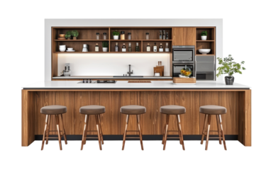 Modern Kitchen Island With Wood Cabinets and Stools