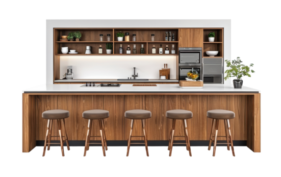 Modern Kitchen Island With Wood Cabinets and Stools